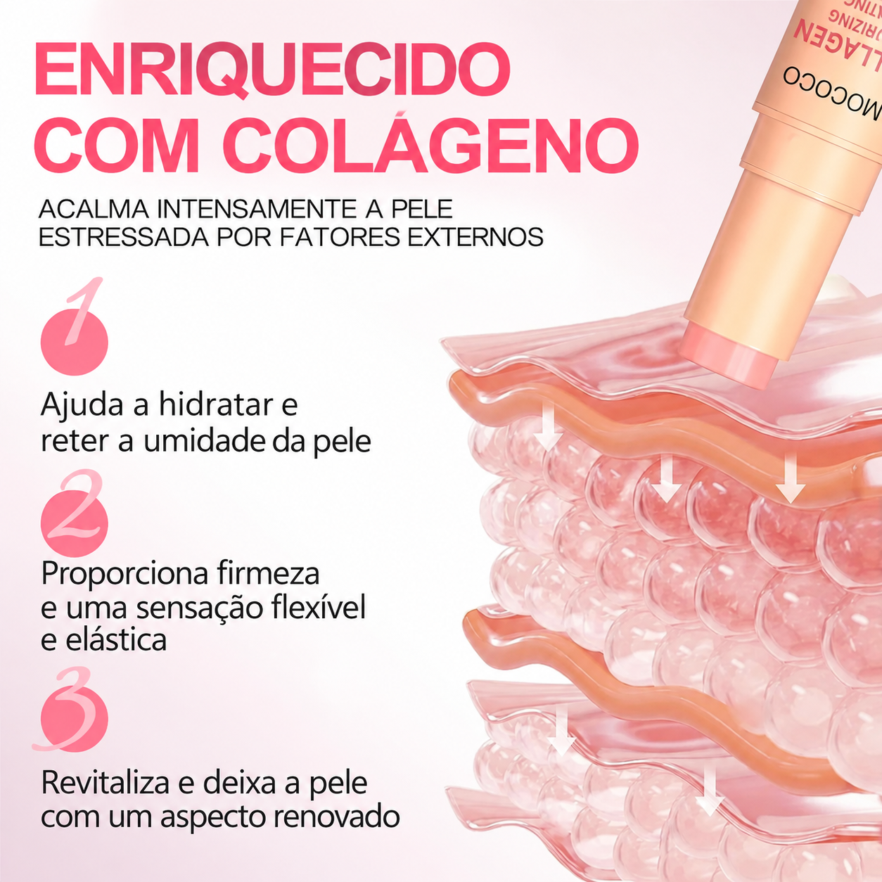 Ilustração em português dos benefícios de hidratação, firmeza e aparência renovada do bastão com colágeno